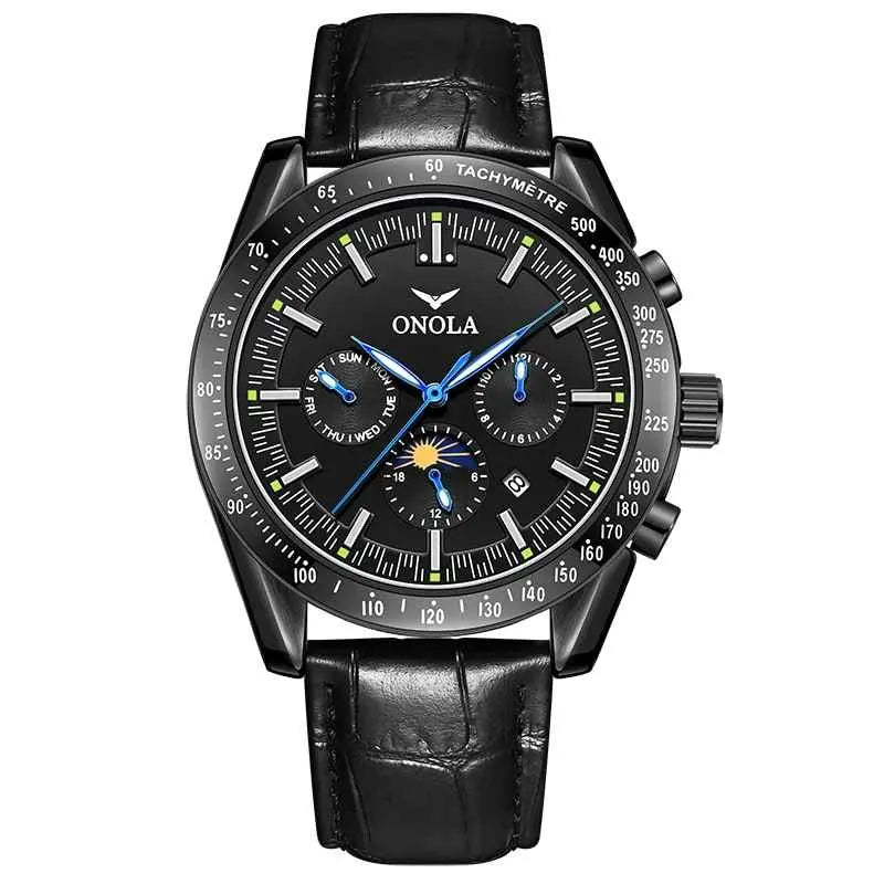 ONOLA Men's Automatic Luxury Sport Watch - Multifunctional, Luminous, Moon Phase, Leather Strap Barry Polo
