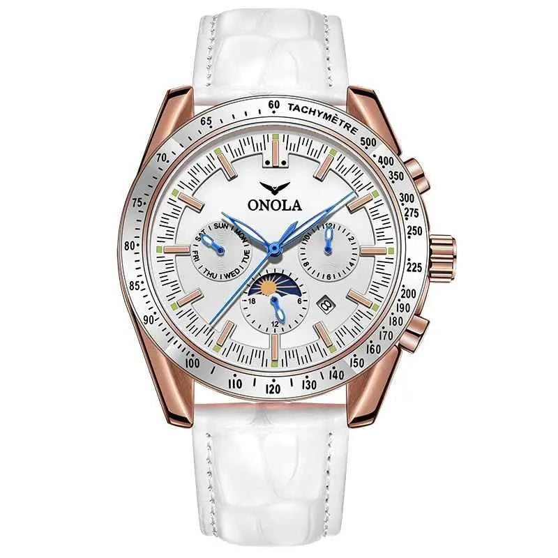 ONOLA Men's Automatic Luxury Sport Watch - Multifunctional, Luminous, Moon Phase, Leather Strap Barry Polo