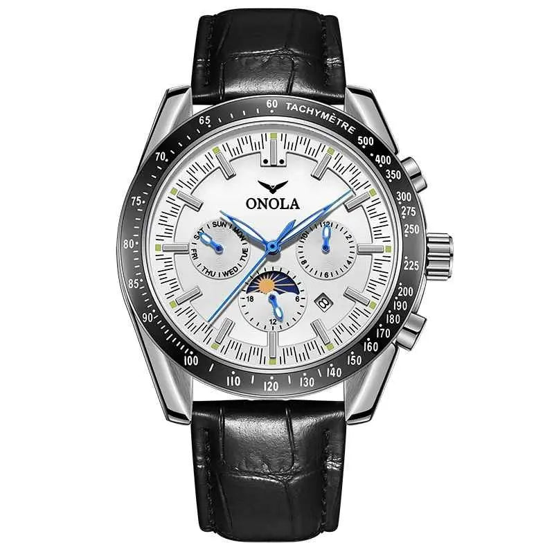 ONOLA Men's Automatic Luxury Sport Watch - Multifunctional, Luminous, Moon Phase, Leather Strap Barry Polo
