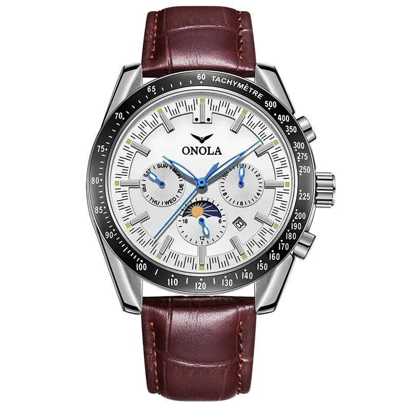 ONOLA Men's Automatic Luxury Sport Watch - Multifunctional, Luminous, Moon Phase, Leather Strap Barry Polo