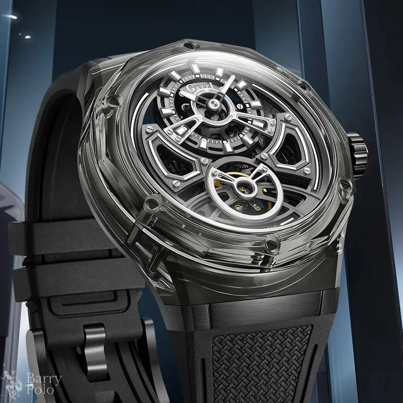 BONEST GATTI BG5807 Men's Automatic Skeleton Watch - Transparent Case, 5ATM Waterproof, Rubber Strap Barry Polo