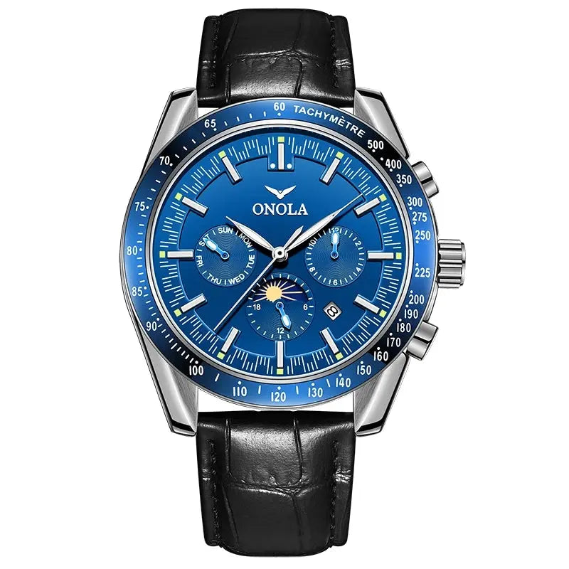 ONOLA Men's Automatic Luxury Sport Watch - Multifunctional, Luminous, Moon Phase, Leather Strap Barry Polo