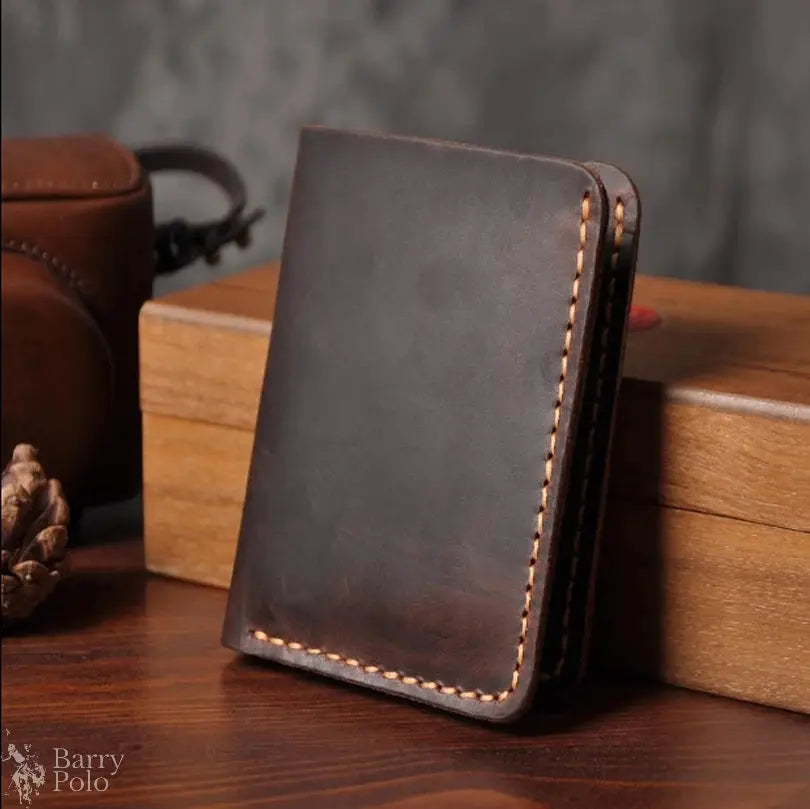 Handmade Vintage Crazy Horse Leather Wallet - Men’s Short Card Holder with Money Clip Barry Polo