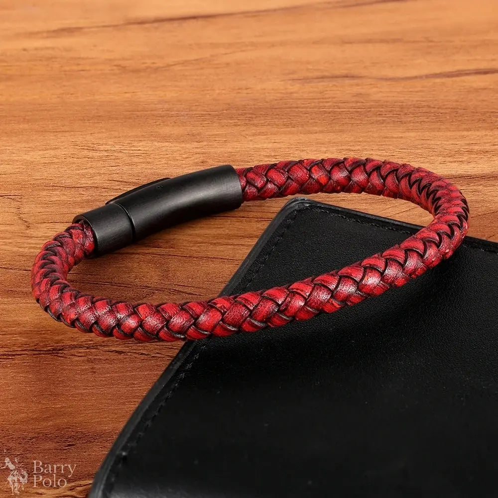 Classic Men’s Leather Bracelet - Black Hand-Woven Stainless Steel Gift Barry Polo