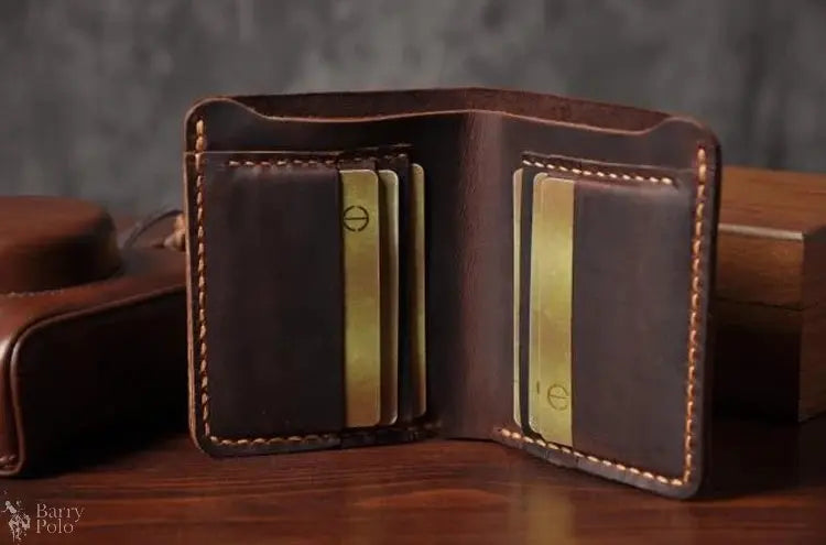 Handmade Vintage Crazy Horse Leather Wallet - Men’s Short Card Holder with Money Clip Barry Polo