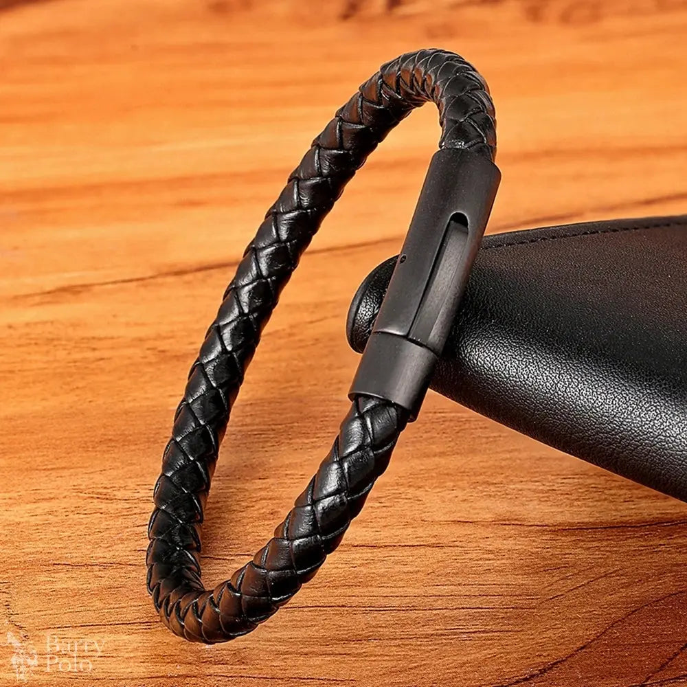 Classic Men’s Leather Bracelet - Black Hand-Woven Stainless Steel Gift Barry Polo