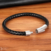Classic Men’s Leather Bracelet - Black Hand-Woven Stainless Steel Gift Barry Polo