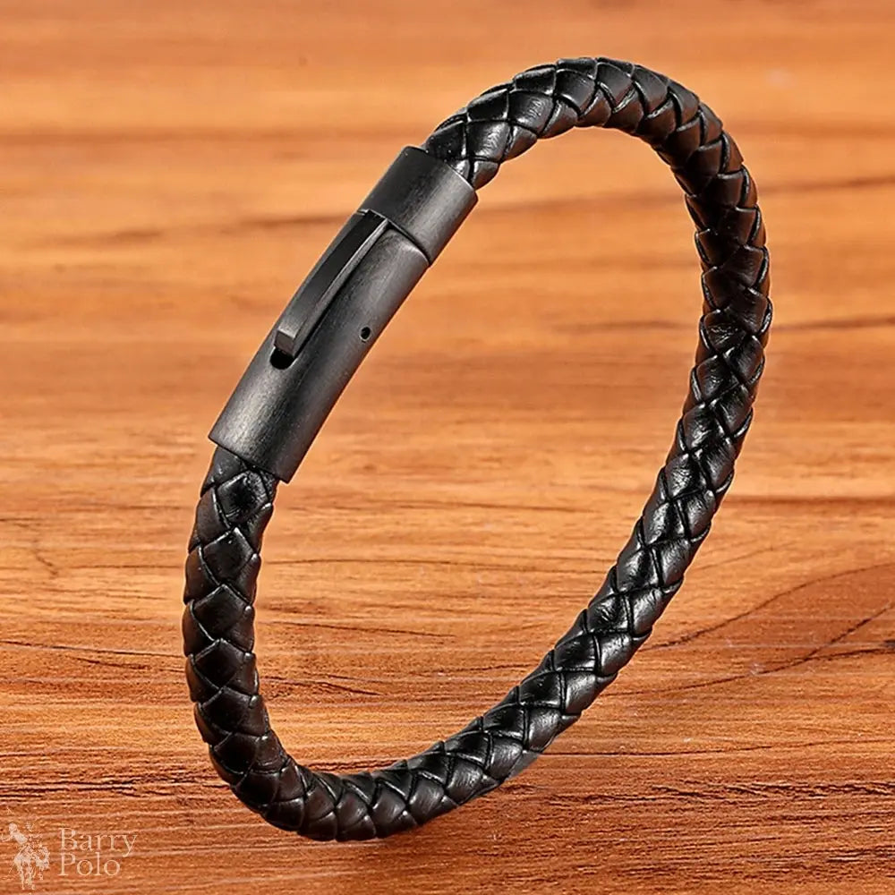 Classic Men’s Leather Bracelet - Black Hand-Woven Stainless Steel Gift Barry Polo