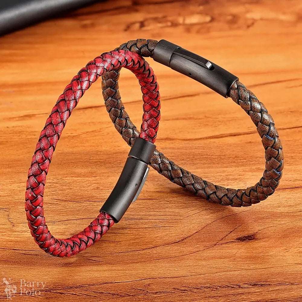 Classic Men’s Leather Bracelet - Black Hand-Woven Stainless Steel Gift Barry Polo