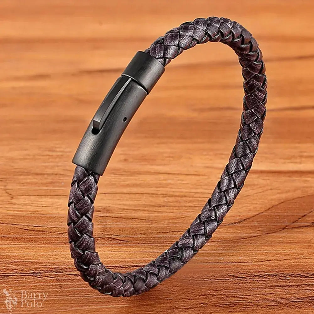 Classic Men’s Leather Bracelet - Black Hand-Woven Stainless Steel Gift Barry Polo