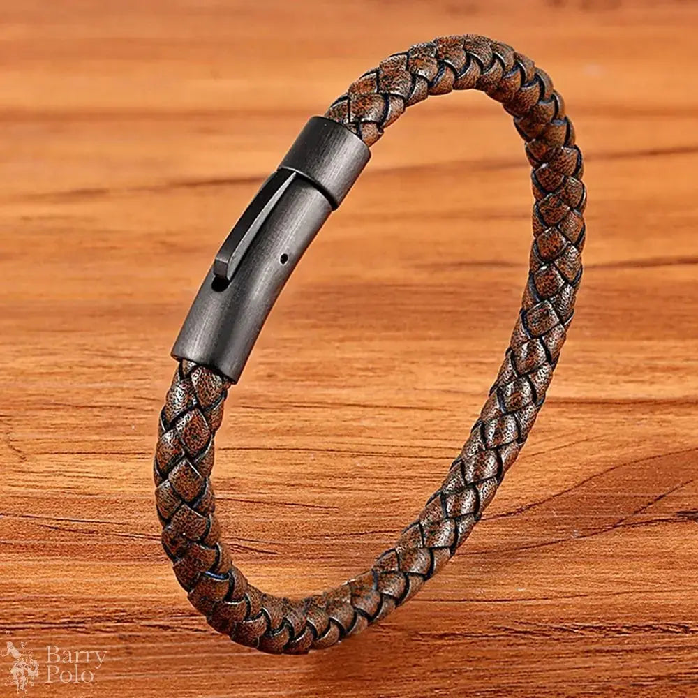 Classic Men’s Leather Bracelet - Black Hand-Woven Stainless Steel Gift Barry Polo