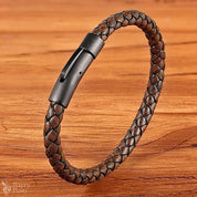 Classic Men’s Leather Bracelet - Black Hand-Woven Stainless Steel Gift Barry Polo