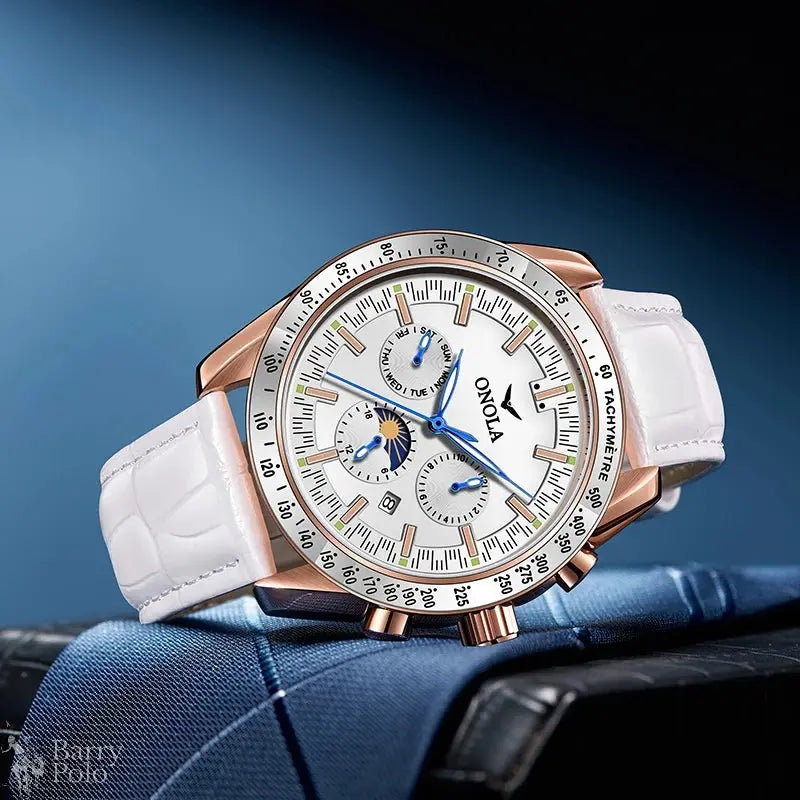 ONOLA Men's Automatic Luxury Sport Watch - Multifunctional, Luminous, Moon Phase, Leather Strap Barry Polo