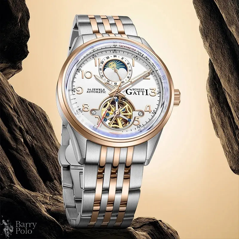 BONEST GATTI BG5808 Men's Automatic Luxury Sport Watch - Luminous Skeleton Dial, 5ATM Waterproof, Stainless Steel Barry Polo