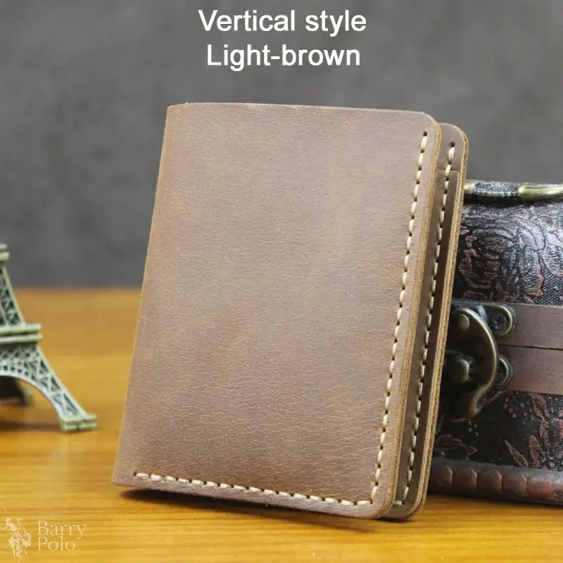Handmade Vintage Crazy Horse Leather Wallet - Men’s Short Card Holder with Money Clip Barry Polo
