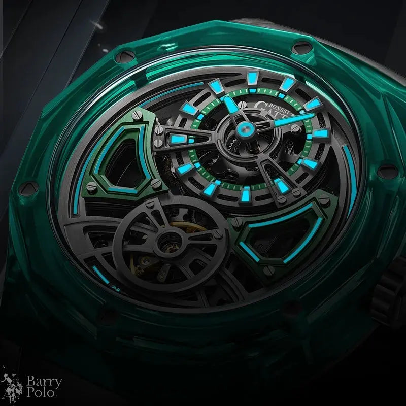 BONEST GATTI BG5807 Men's Automatic Skeleton Watch - Transparent Case, 5ATM Waterproof, Rubber Strap Barry Polo