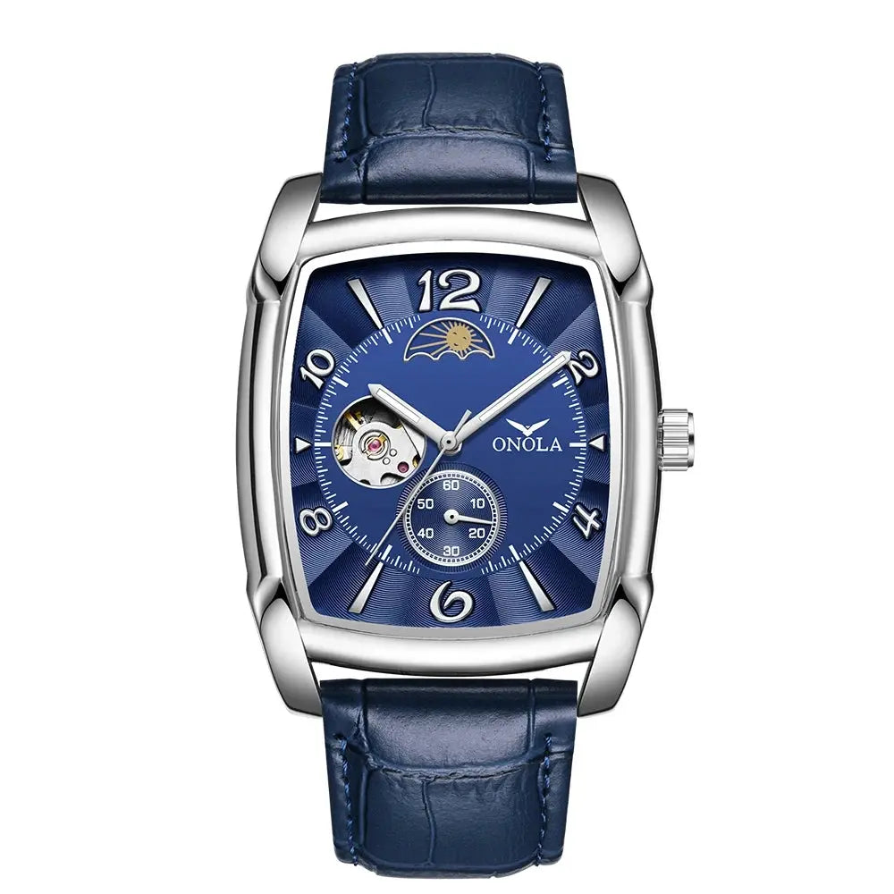 ONOLA Men's Luxury Quartz Watch - Square Case, Moon Phase, Multiple Time Zones, Waterproof, Leather Strap Barry Polo