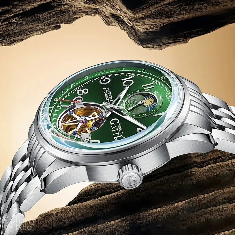 BONEST GATTI BG5808 Men's Automatic Luxury Sport Watch - Luminous Skeleton Dial, 5ATM Waterproof, Stainless Steel Barry Polo
