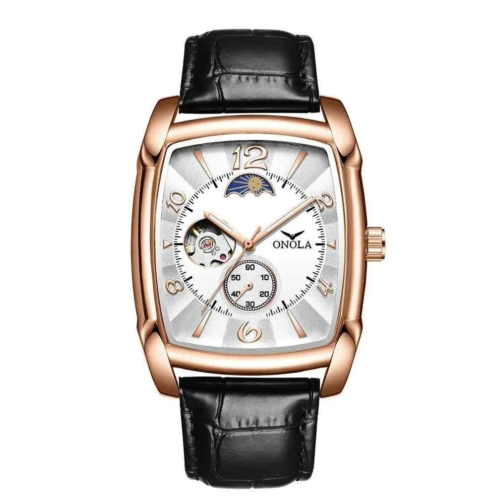 ONOLA Men's Luxury Quartz Watch - Square Case, Moon Phase, Multiple Time Zones, Waterproof, Leather Strap Barry Polo