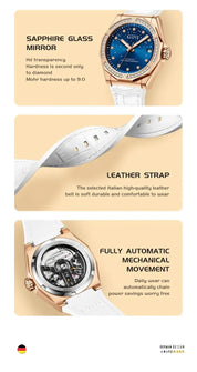 BONEST GATTI Women's Automatic Luxury Watch - Sapphire Crystal, 5ATM Waterproof, Luminous, Leather Strap Barry Polo