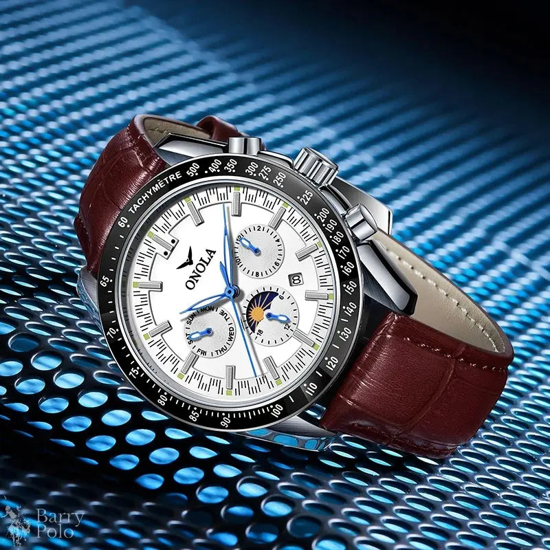 ONOLA Men's Automatic Luxury Sport Watch - Multifunctional, Luminous, Moon Phase, Leather Strap Barry Polo