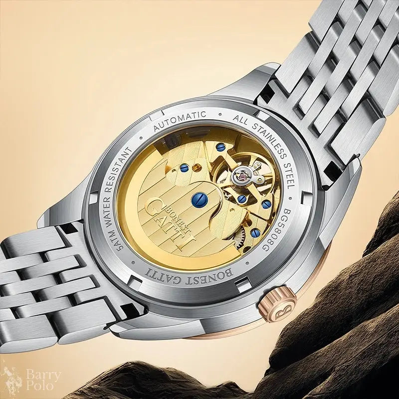 BONEST GATTI BG5808 Men's Automatic Luxury Sport Watch - Luminous Skeleton Dial, 5ATM Waterproof, Stainless Steel Barry Polo
