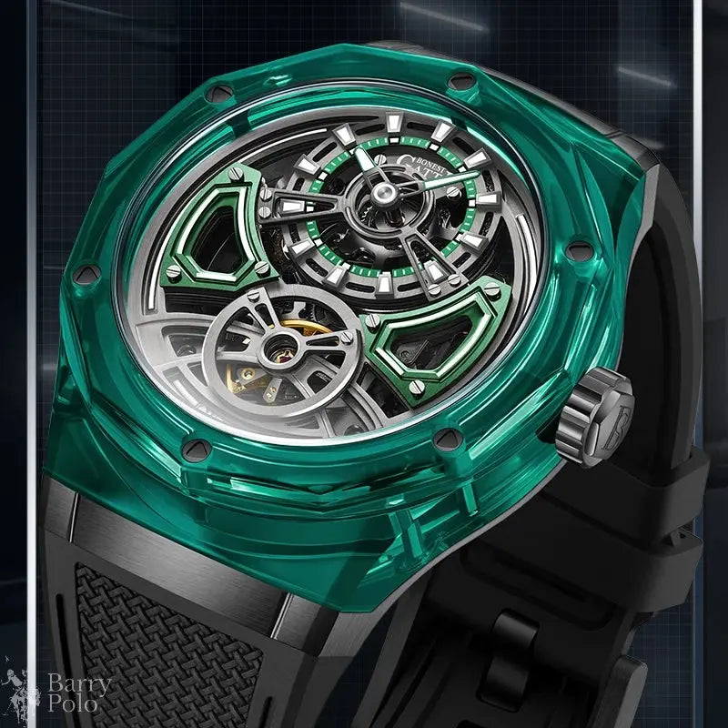 BONEST GATTI BG5807 Men's Automatic Skeleton Watch - Transparent Case, 5ATM Waterproof, Rubber Strap Barry Polo
