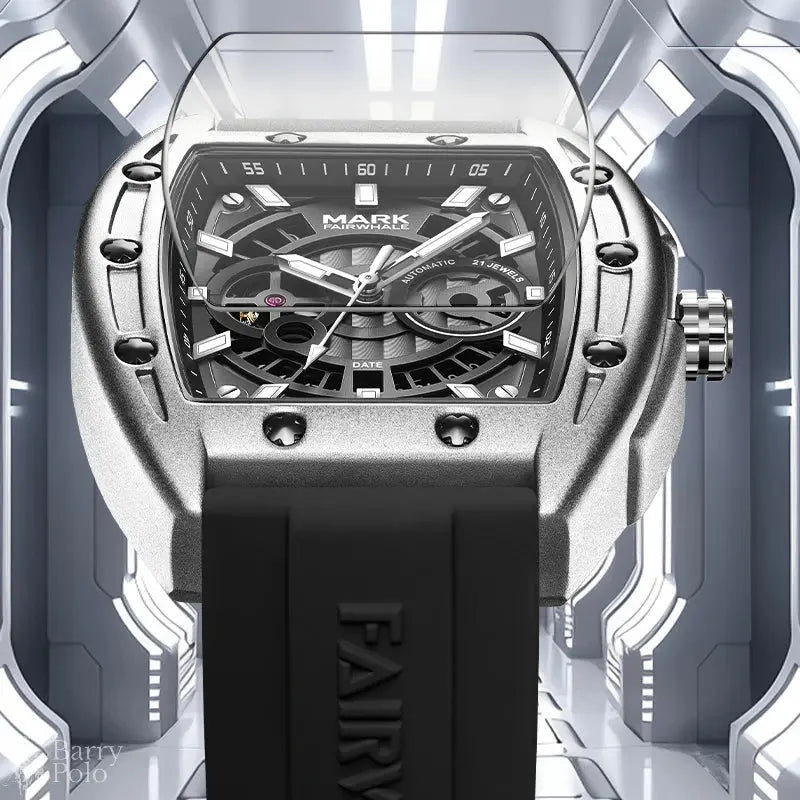 MARK FAIRWHALE New Tonneau Luxury Men Watch Automatic Movement Rubber Strap Date Waterproof Mechanical Watches for Man