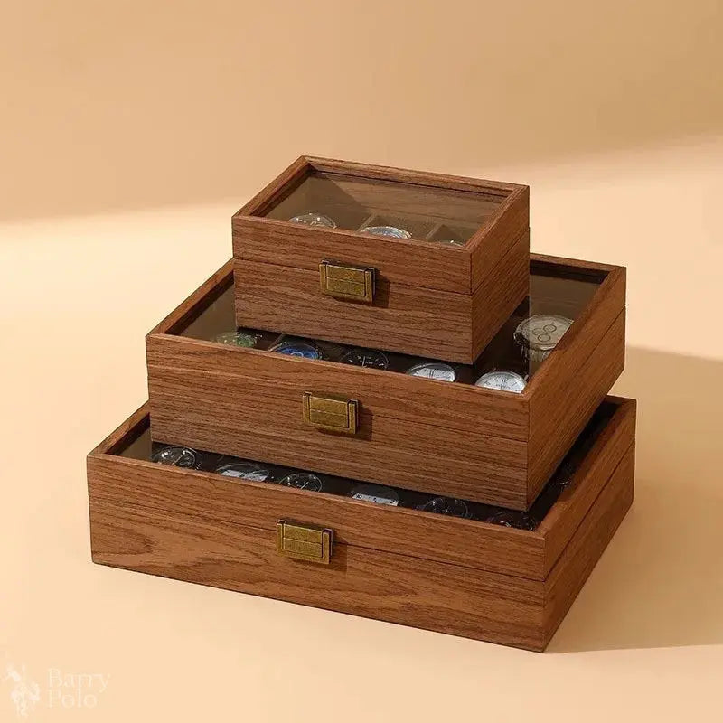 DELESYS New Style Retro Wood Grain Leather Watch Box Brown Wood Grain PU  Dustproof Glass Display Clamshell Watch Storage Box