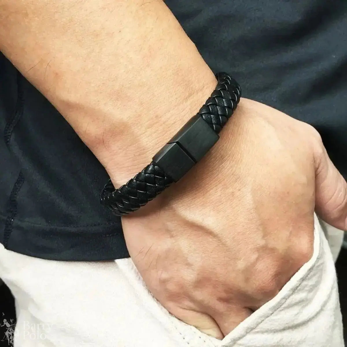 Barry Polo Retro Men’s Leather Open Bangle - Multi-Size Woven Hand Rope Gift Barry Polo