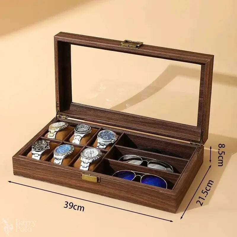 DELESYS New Style Retro Wood Grain Leather Watch Box Brown Wood Grain PU  Dustproof Glass Display Clamshell Watch Storage Box