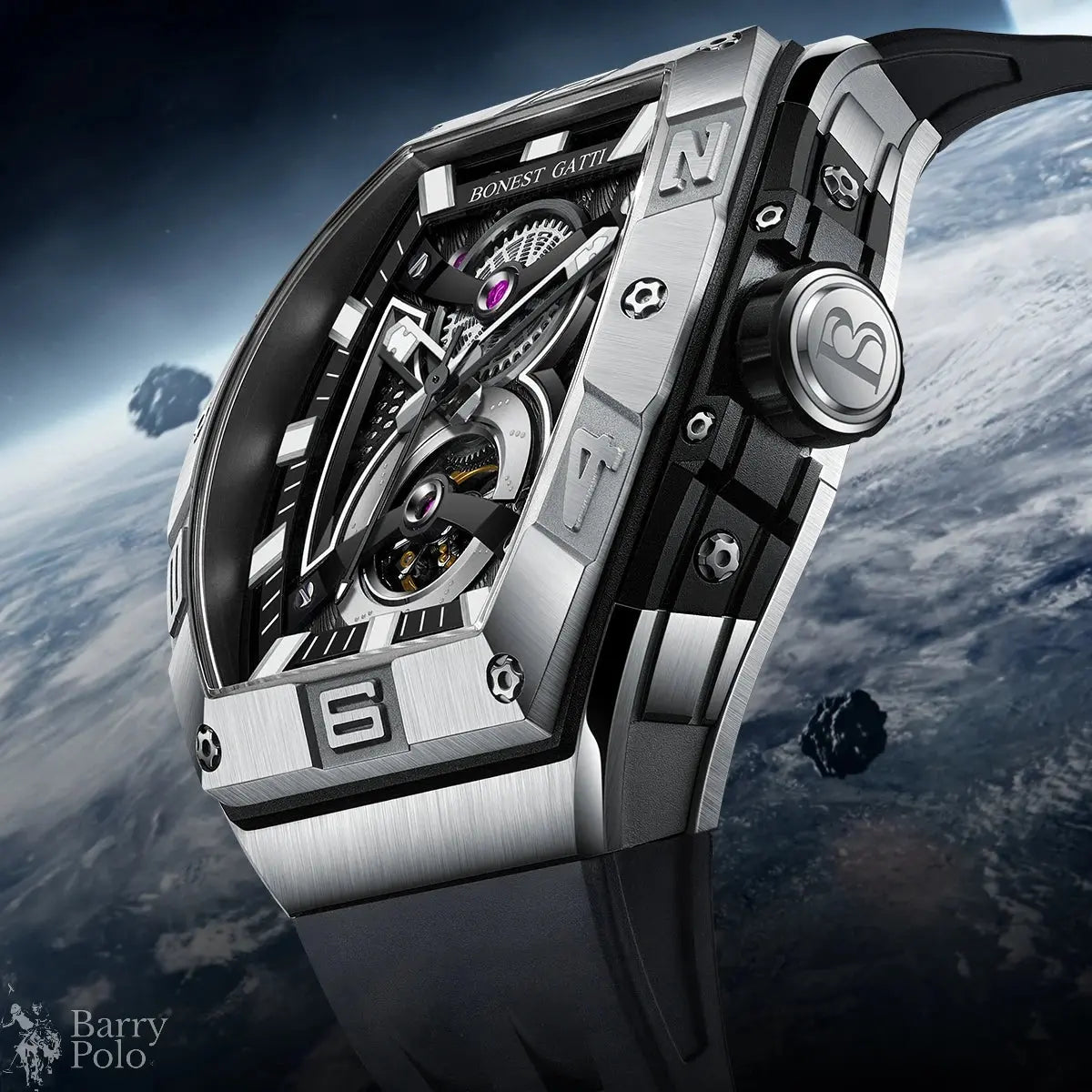 BONEST GATTI Men Automatic Watch Mechanical Wristwatch Luminous Tonneau Case Rubber Strap Stainless Steel Watches