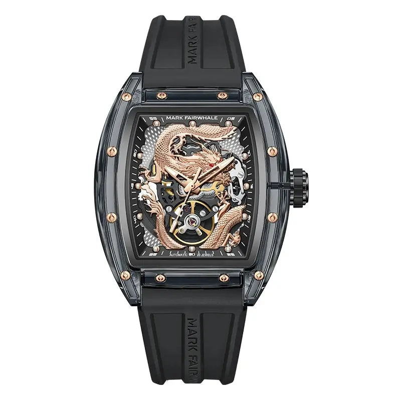 Mark Fairwhale 6990 Men Automatic Watch  Acrylic Case Luminous Skeleton Dragon Dial Tonneau Mechanical Wristwatch