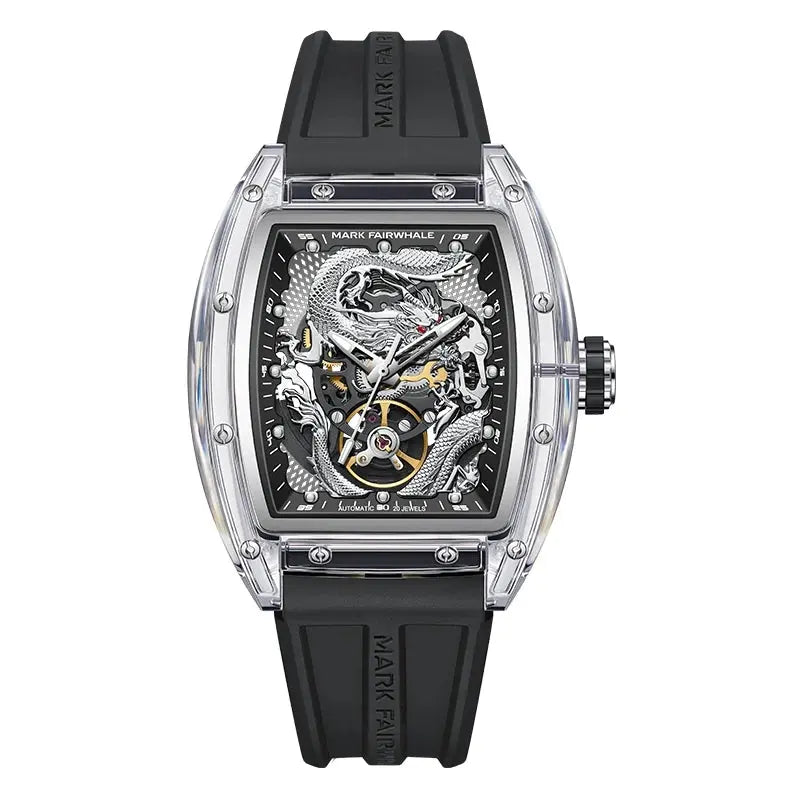Mark Fairwhale 6990 Men Automatic Watch  Acrylic Case Luminous Skeleton Dragon Dial Tonneau Mechanical Wristwatch