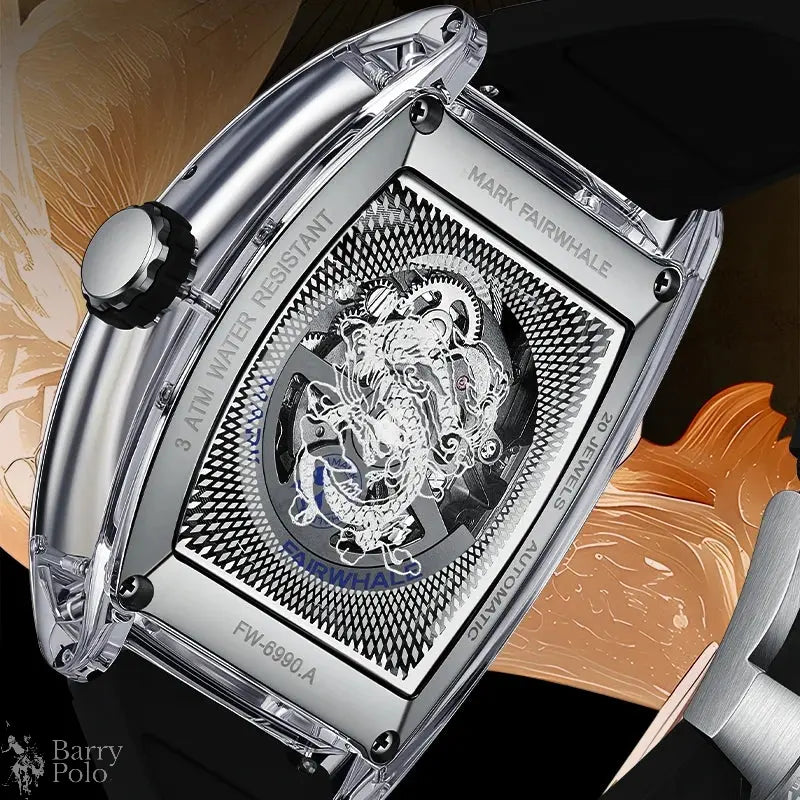 Mark Fairwhale 6990 Men Automatic Watch  Acrylic Case Luminous Skeleton Dragon Dial Tonneau Mechanical Wristwatch
