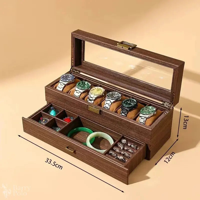 DELESYS New Style Retro Wood Grain Leather Watch Box Brown Wood Grain PU  Dustproof Glass Display Clamshell Watch Storage Box