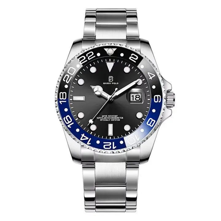 BARRY POLO Unique Design Sport Date Watch for Men Luxury Rotatable Bezel Crystal Stainless Steel Quartz Wristwatches
