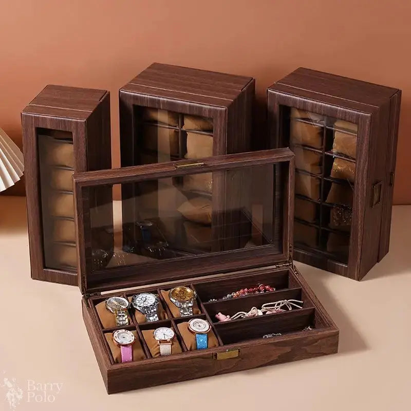 DELESYS New Style Retro Wood Grain Leather Watch Box Brown Wood Grain PU  Dustproof Glass Display Clamshell Watch Storage Box