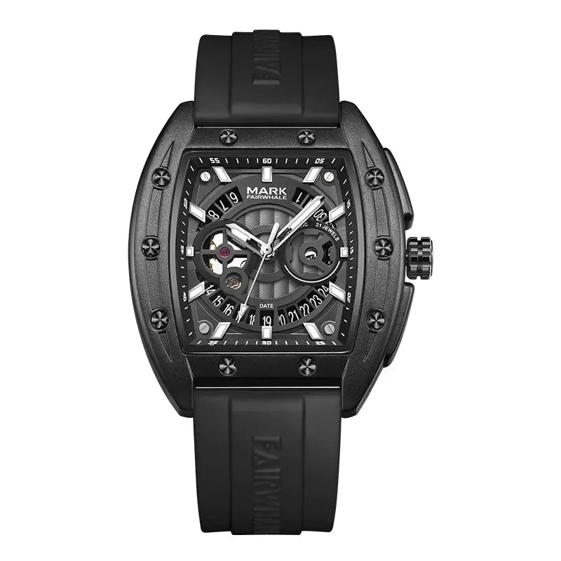 MARK FAIRWHALE New Tonneau Luxury Men Watch Automatic Movement Rubber Strap Date Waterproof Mechanical Watches for Man