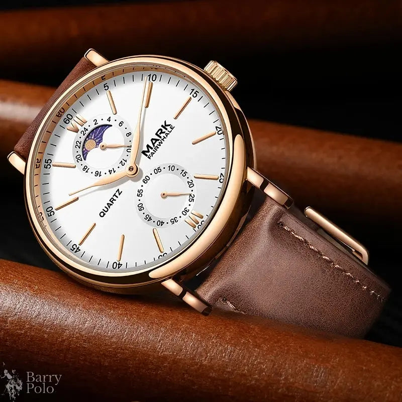 Mark Fairwhale Brand 5800 Luxury New Simple Quartz Watch High Quality Leather Strap Waterproof Luminous Moon Phase Mens Watches