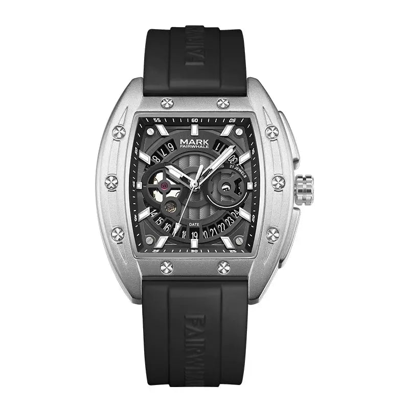 MARK FAIRWHALE New Tonneau Luxury Men Watch Automatic Movement Rubber Strap Date Waterproof Mechanical Watches for Man