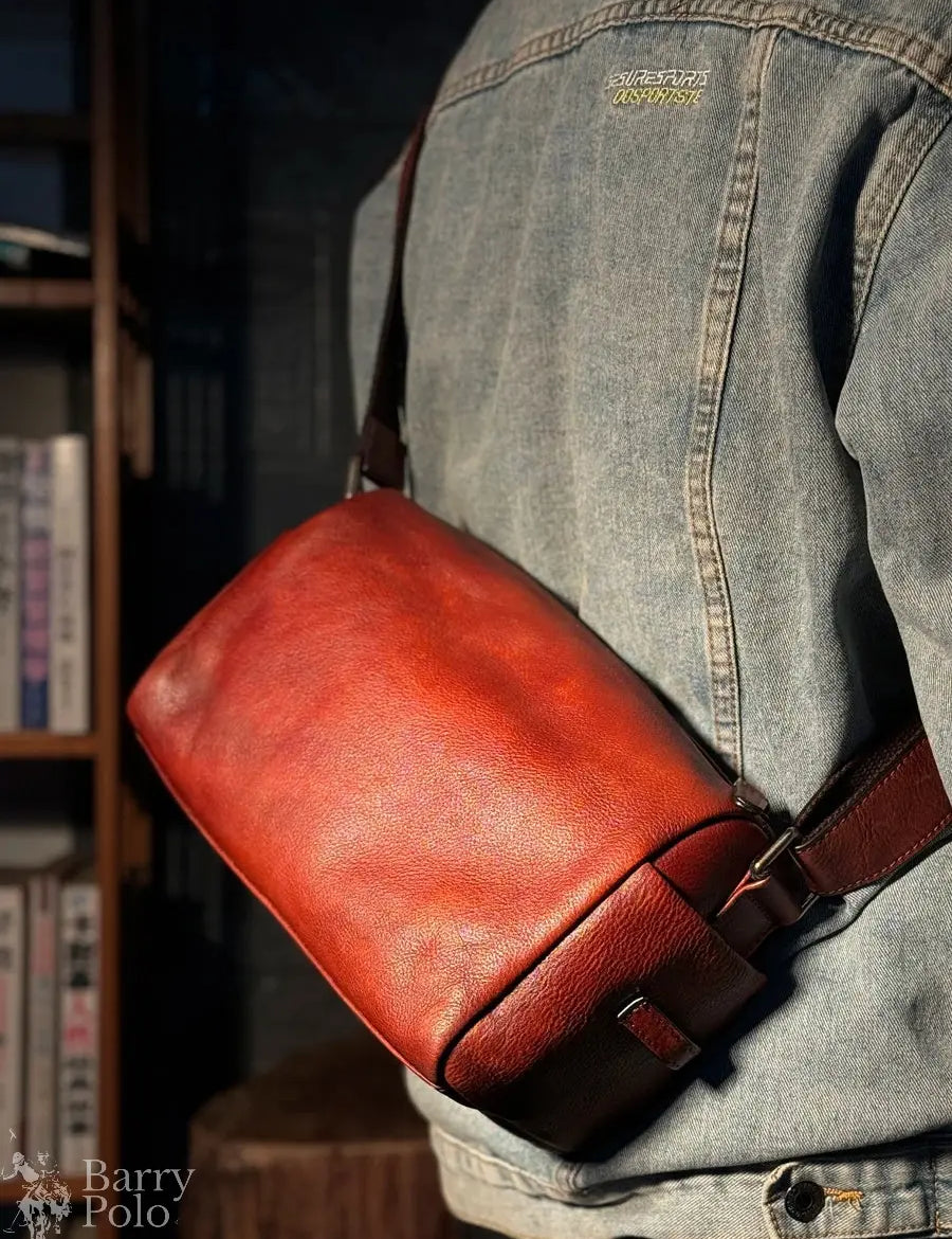 Barry Polo Retro Leather Men’s Messenger Bag - Hand-Painted Bucket Backpack Barry Polo