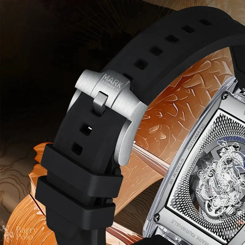 Mark Fairwhale 6990 Men Automatic Watch  Acrylic Case Luminous Skeleton Dragon Dial Tonneau Mechanical Wristwatch