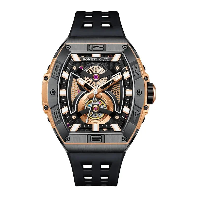 BONEST GATTI Men Automatic Watch Mechanical Wristwatch Luminous Tonneau Case Rubber Strap Stainless Steel Watches