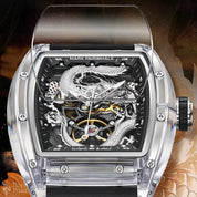 Mark Fairwhale 6990 Men Automatic Watch  Acrylic Case Luminous Skeleton Dragon Dial Tonneau Mechanical Wristwatch