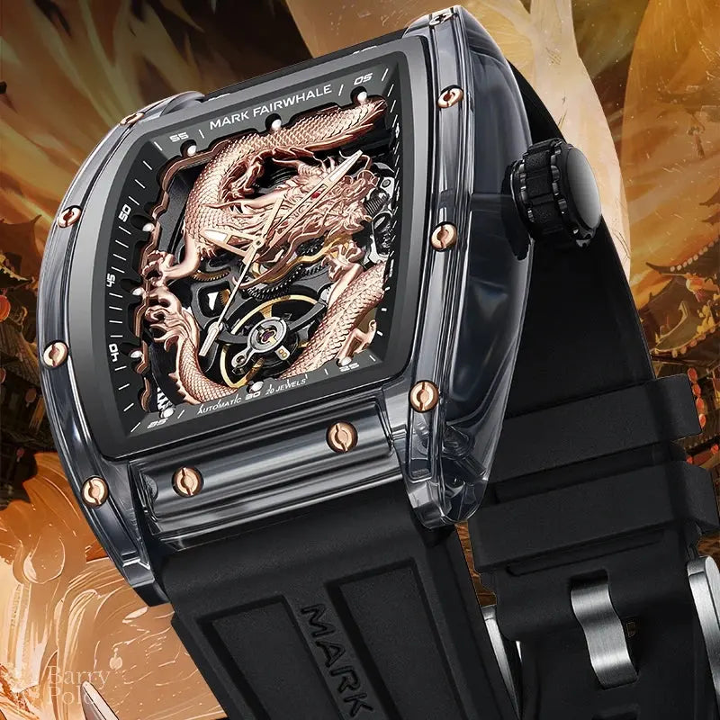 Mark Fairwhale 6990 Men Automatic Watch  Acrylic Case Luminous Skeleton Dragon Dial Tonneau Mechanical Wristwatch