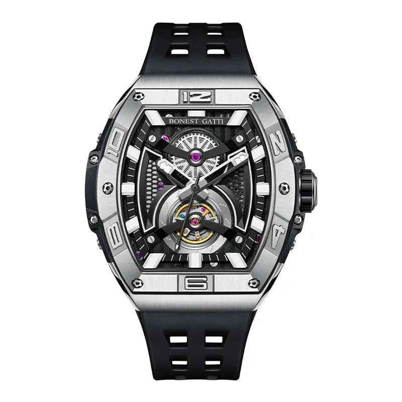 BONEST GATTI Men Automatic Watch Mechanical Wristwatch Luminous Tonneau Case Rubber Strap Stainless Steel Watches