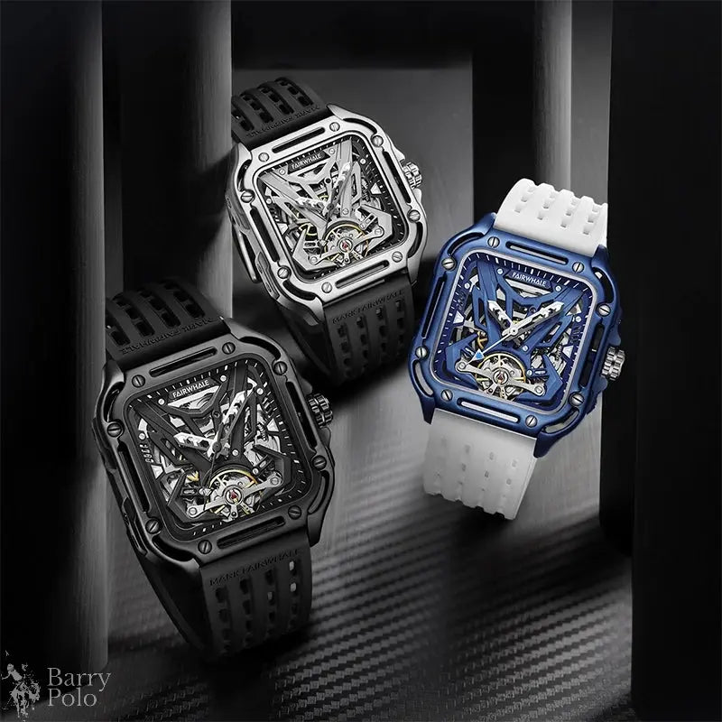 Mark Fairwhale 6530 Fashion Automatic Movement Skeleton Square Dial Sports Waterproof Mechanical Watches for Men with Box