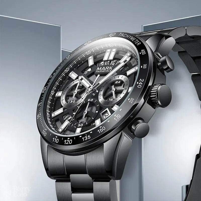 Mark Fairwhale 5880 Mens Watch Business Quartz Wristwatch Original Stainless Steel Chronograph Waterproof Watches for Men