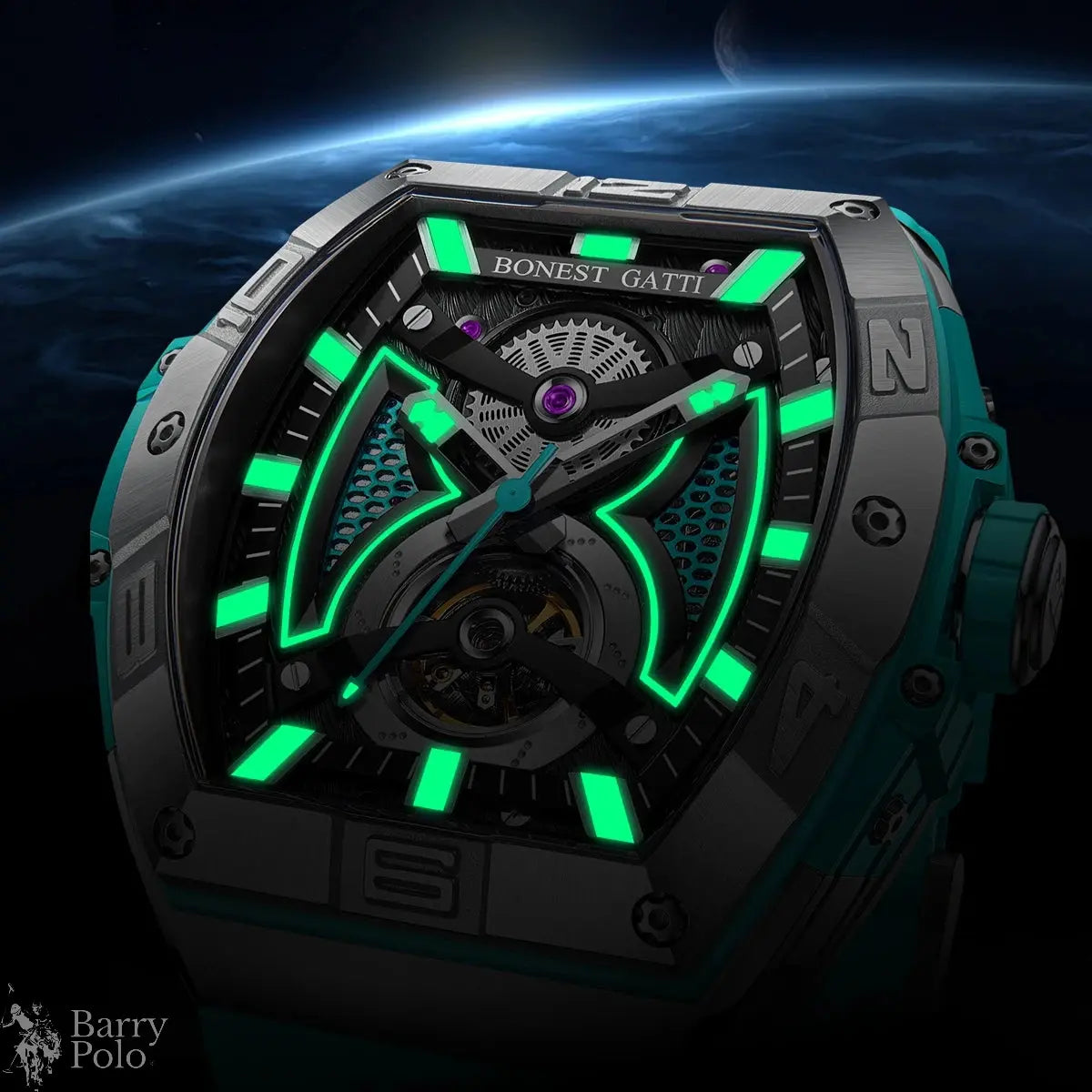 BONEST GATTI Men Automatic Watch Mechanical Wristwatch Luminous Tonneau Case Rubber Strap Stainless Steel Watches
